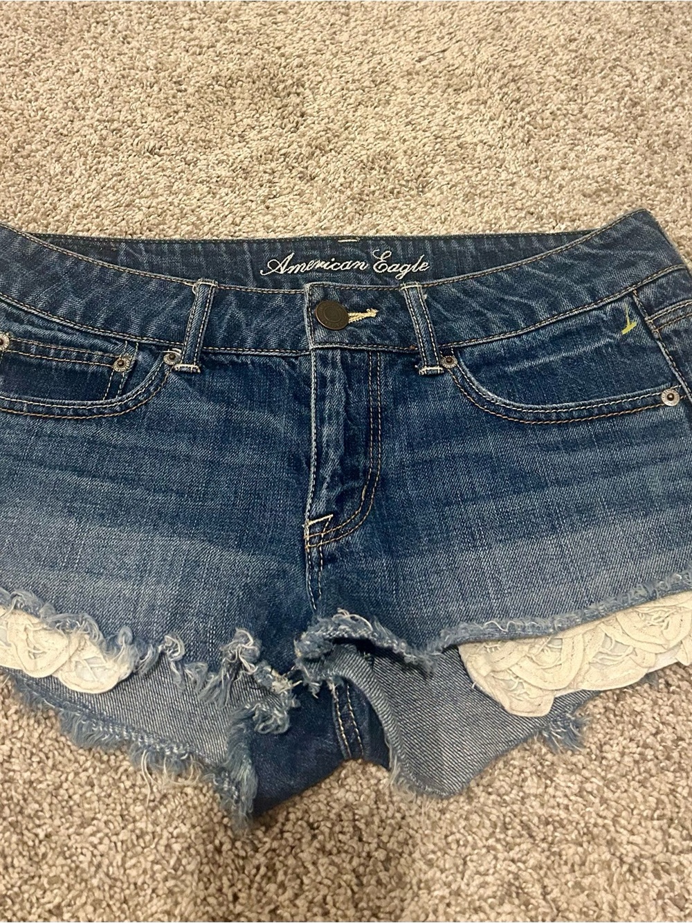 American Eagle Outfitters Blue Denim Lace-Trim Cutoff Shorts